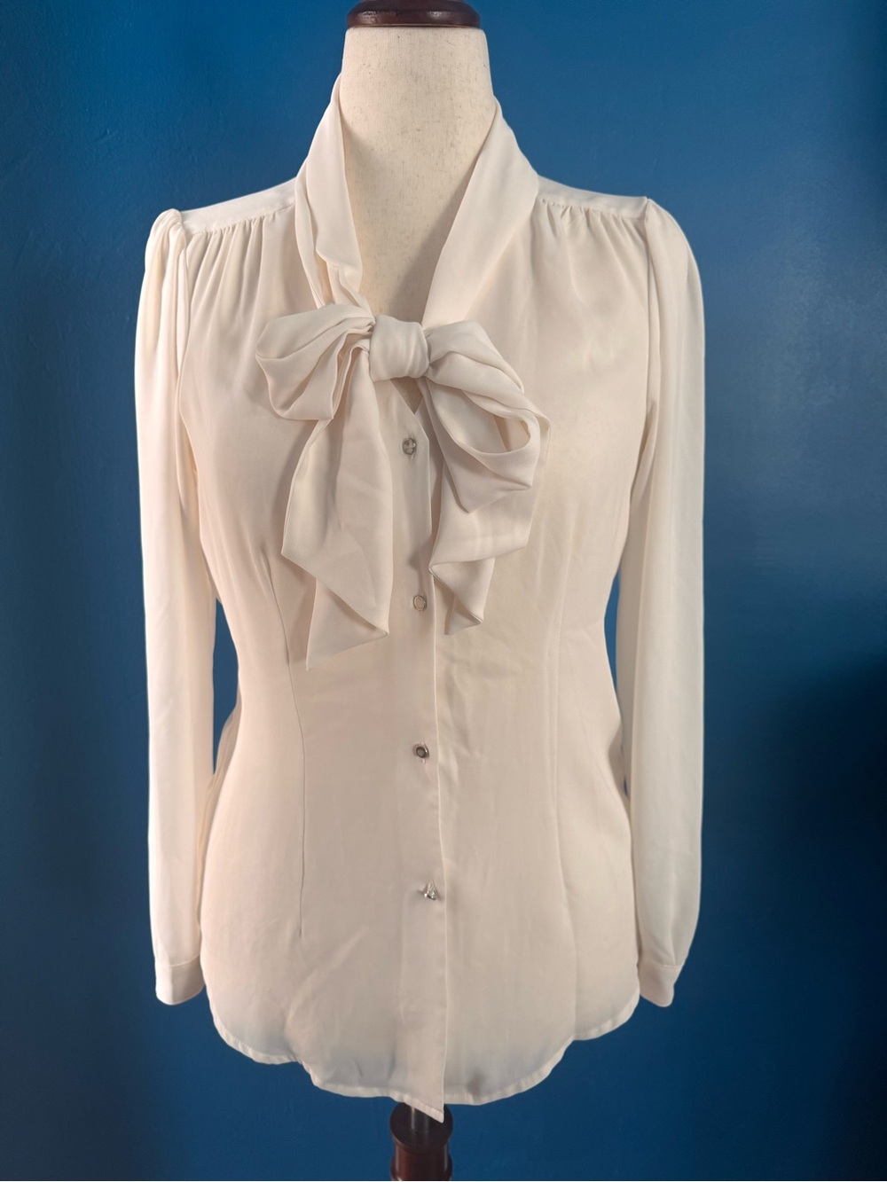 White House Black Market Ivory Bow-Neck Blouse, size 6